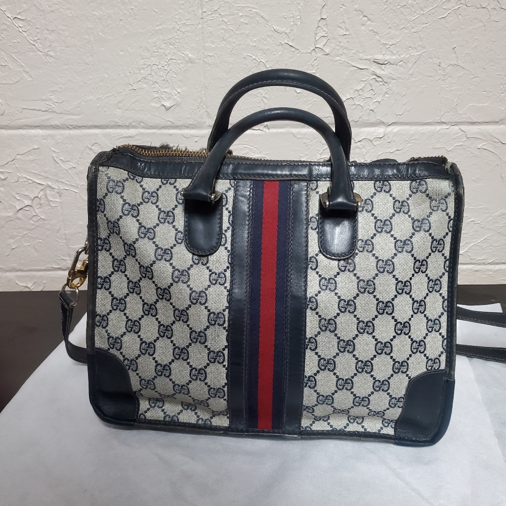 Vintage Gucci Navy Monogram Ophidia Coated Canvas Satchel